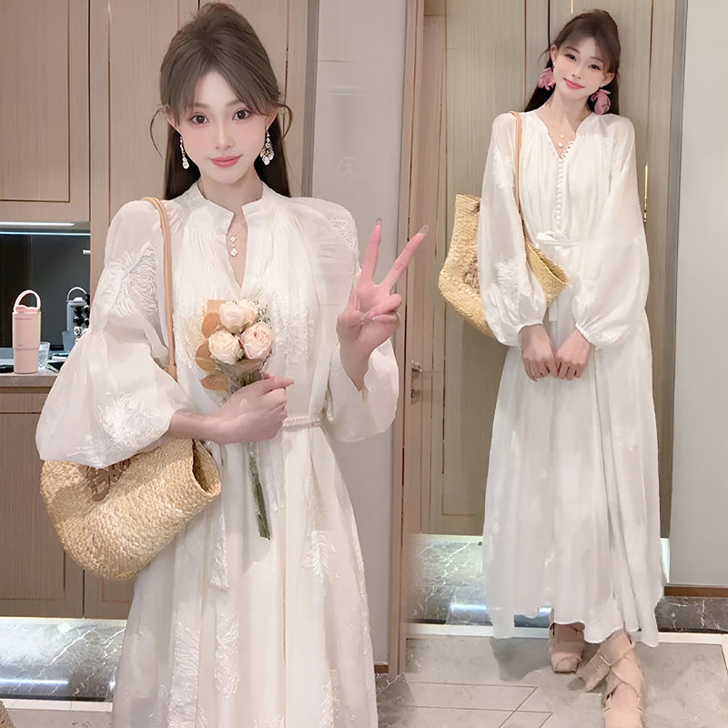 Embroidered Tencel Long-Sleeve Dress