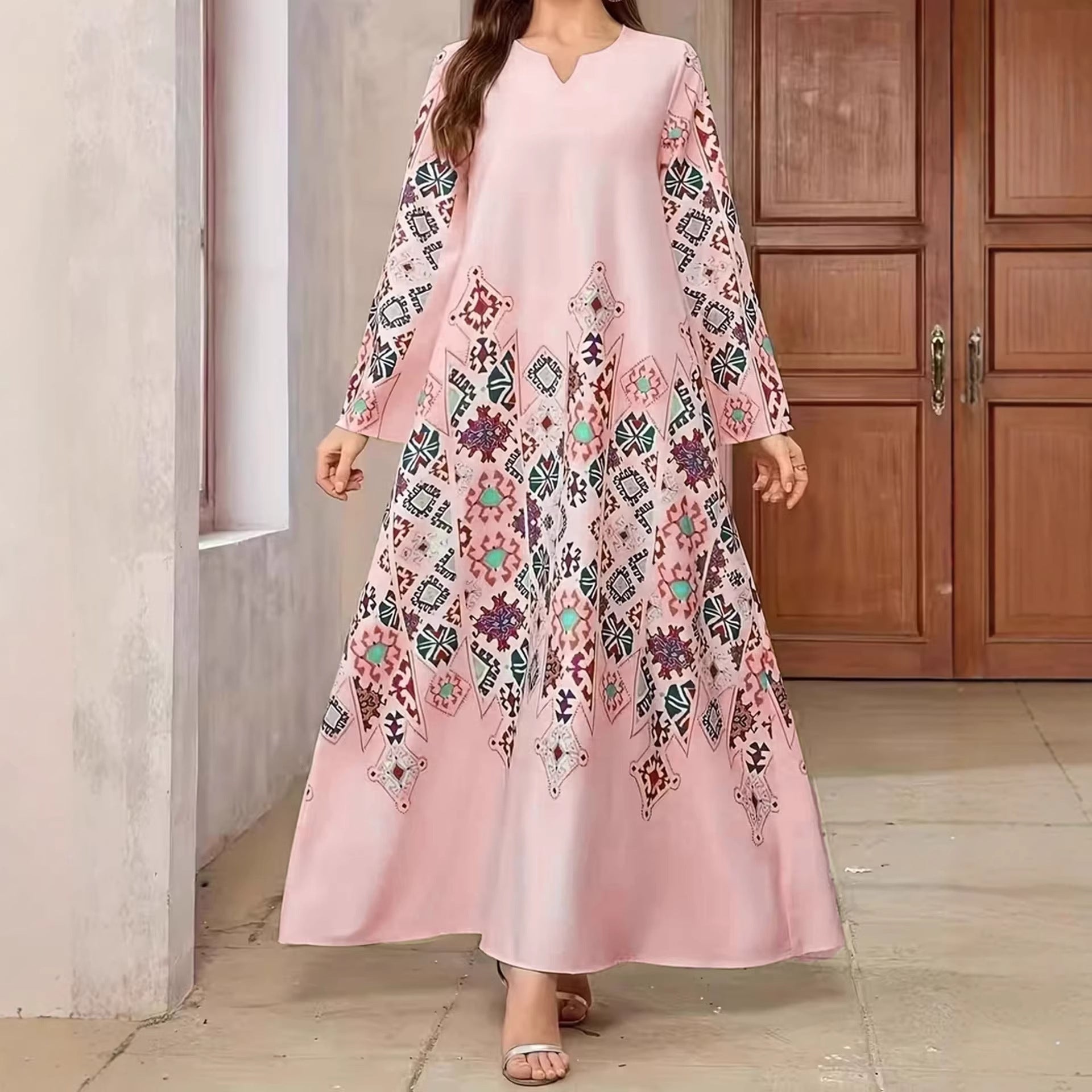 Retro Geometric Print Embroidered Long Sleeve Dress