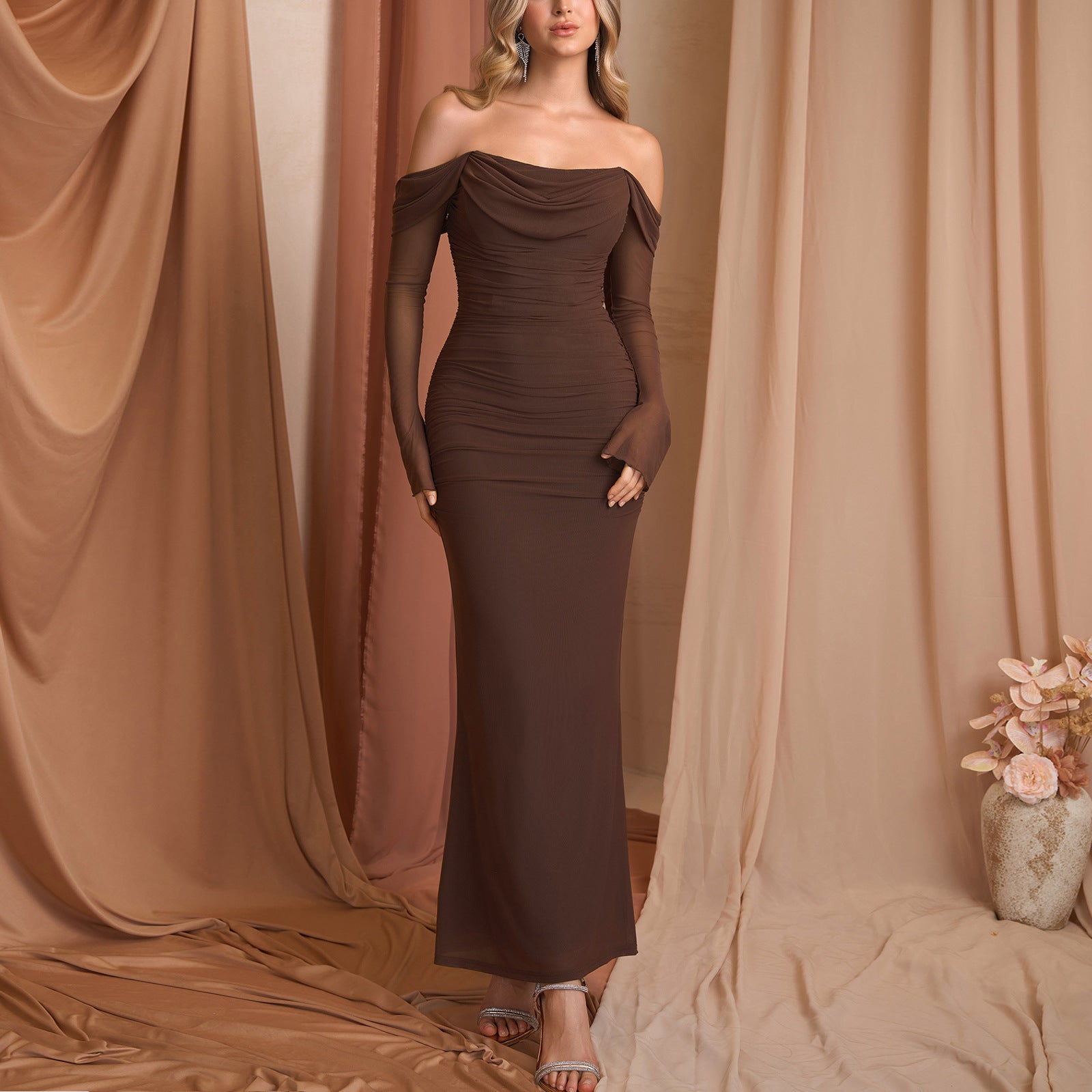 Mesh OneShoulder Long Sleeve Dress